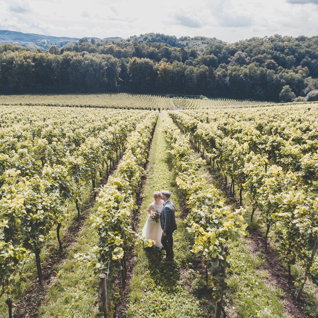 A bride and groom standing in a vineyard 